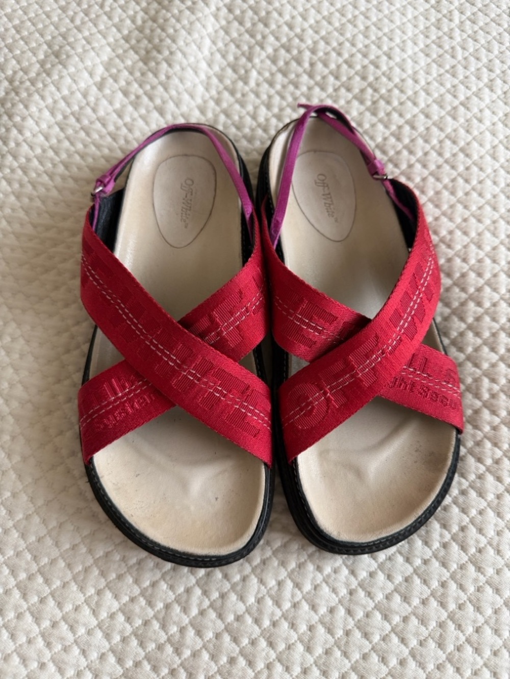 Off-White Red Crisscross Slingback Women’s Sandals with Pink Accent - Picture 2 of 7